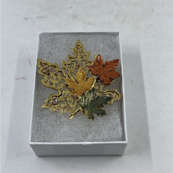 KC‎ Vintage Leaf Pin Brooch Autumn Fall Multi-Color Enamel Gold Tone Signed - Picture 4 of 13